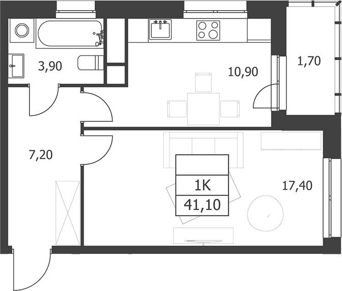 Планировка однокомнатная 41.1 м² в ЖК «Октябрьский», корпус 1