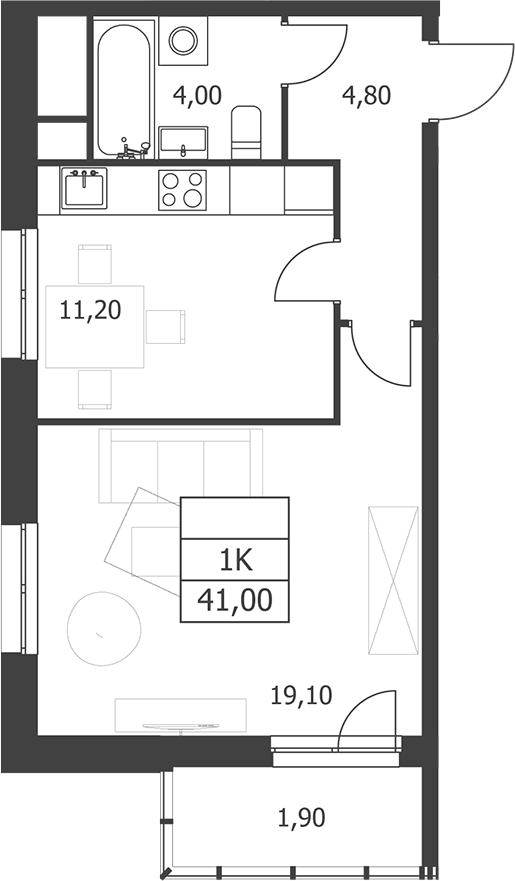 Планировка однокомнатная 41 м² в ЖК «Октябрьский», корпус 1