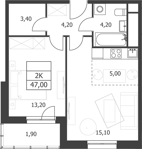 Планировка евродвушка (2Е) 47 м² в ЖК «Октябрьский», корпус 1