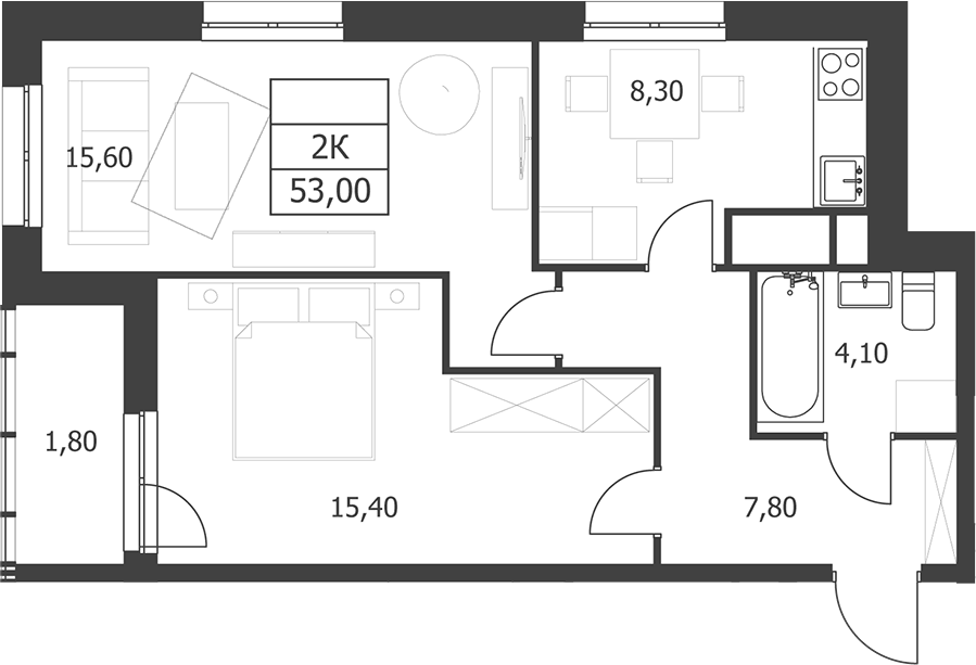 Планировка двухкомнатная 53 м² в ЖК «Октябрьский», корпус 1