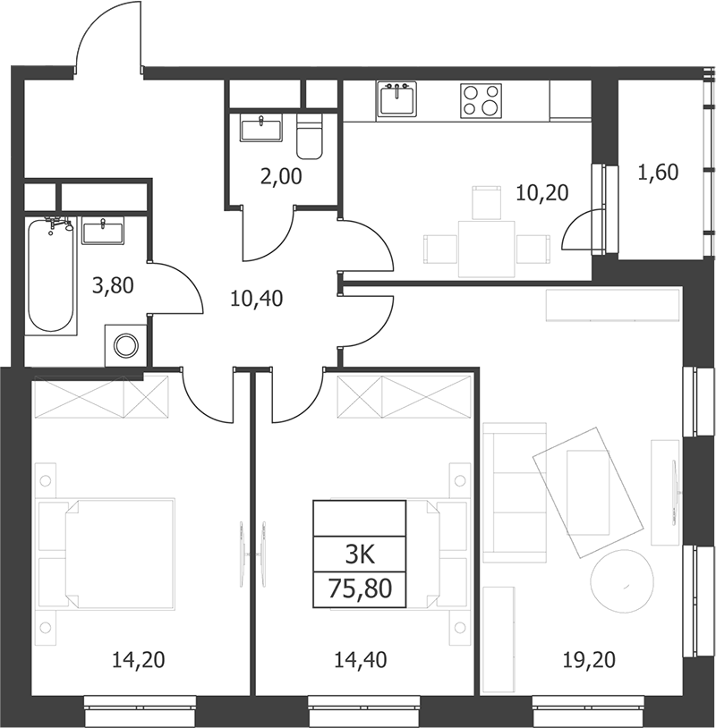 Планировка трёхкомнатная 75.8 м² в ЖК «Октябрьский», корпус 1