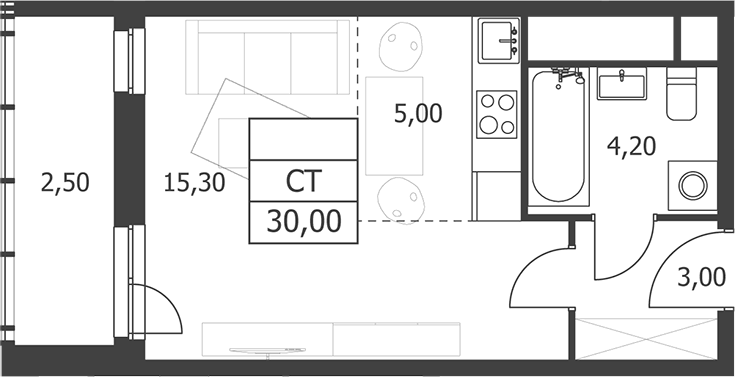 Планировка Студии 30 м² в ЖК «Октябрьский», корпус 1
