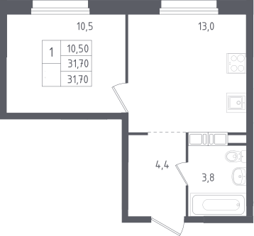 Планировка однокомнатная 31.7 м² в ЖК «Ольховый квартал», корпус 1