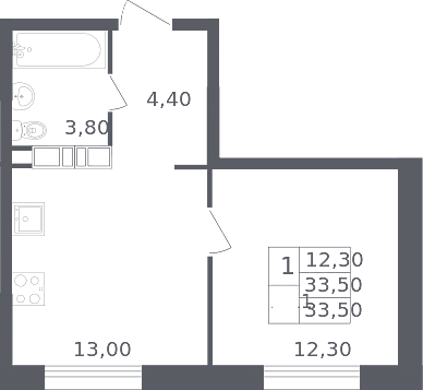 Планировка однокомнатная 33.5 м² в ЖК «Ольховый квартал», корпус 2.2