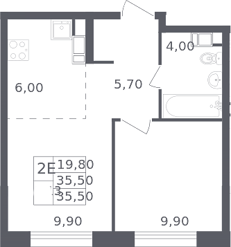 Планировка евродвушка (2Е) 35.5 м² в ЖК «Ольховый квартал», корпус 2.2
