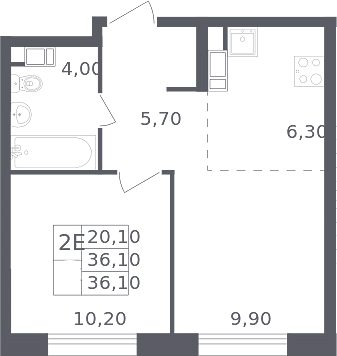 Планировка евродвушка (2Е) 36.1 м² в ЖК «Ольховый квартал», корпус 2.2