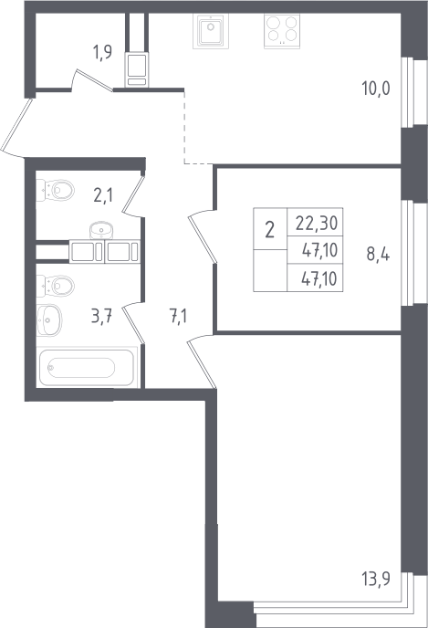 Планировка двухкомнатная 47.1 м² в ЖК «Ольховый квартал», корпус 1