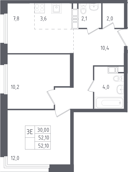 Планировка евротрёшка (3Е) 52.1 м² в ЖК «Ольховый квартал», корпус 1