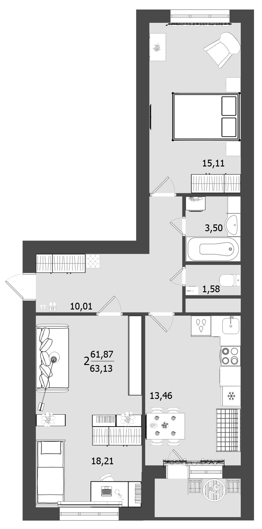 Планировка двухкомнатная 63.13 м² в ЖК «Олимп», корпус 22