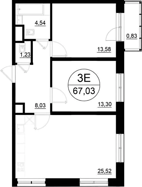 Планировка евротрёшка (3Е) 67.03 м² в ЖК «Олива», корпус 1