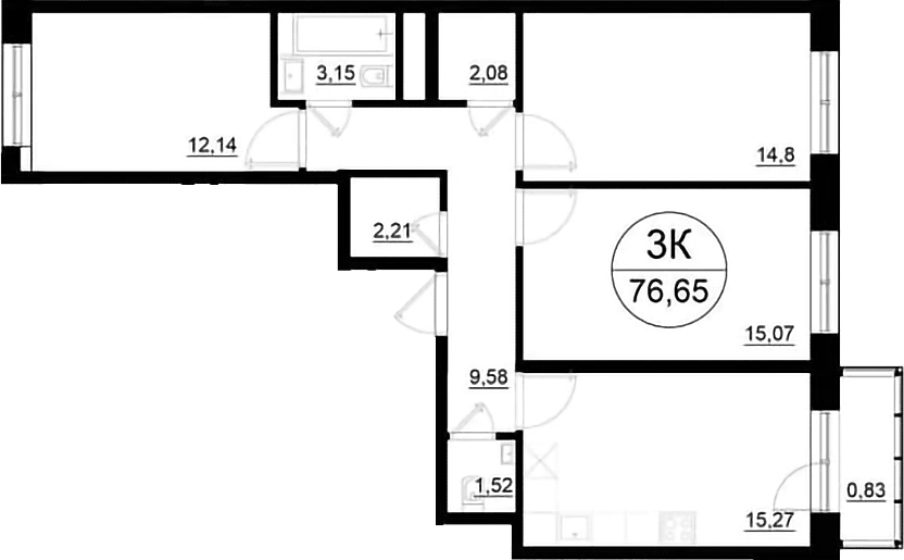 Планировка трёхкомнатная 76.65 м² в ЖК «Олива», корпус 1