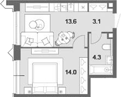 Планировка евродвушка (2Е) 35 м² в ЖК «ОМ Ботанический», корпус 2