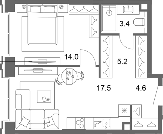 Планировка евродвушка (2Е) 44.6 м² в ЖК «ОМ Ботанический», корпус 1