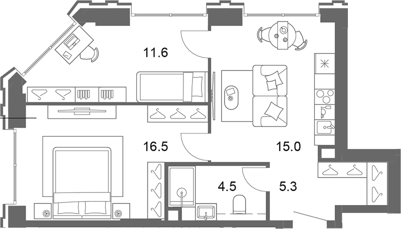 Планировка евротрёшка (3Е) 53.3 м² в ЖК «ОМ Ботанический», корпус 1