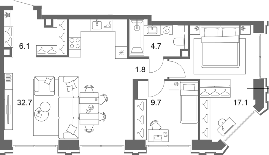 Планировка евротрёшка (3Е) 72.1 м² в ЖК «ОМ Ботанический», корпус 1