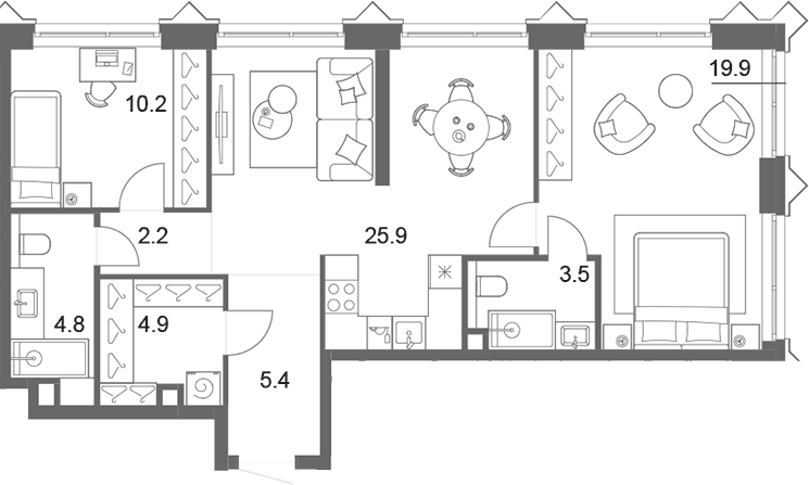 Планировка евротрёшка (3Е) 76.8 м² в ЖК «ОМ Ботанический», корпус 2