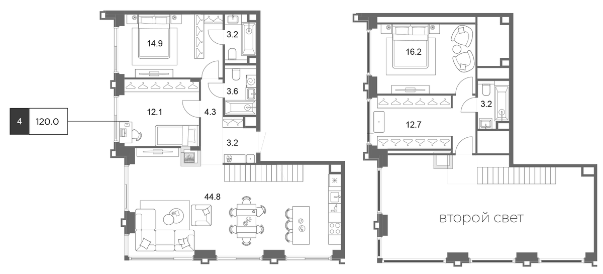 Планировка евро-4 (4Е) 120 м² в ЖК «ОМ Ботанический», корпус 2