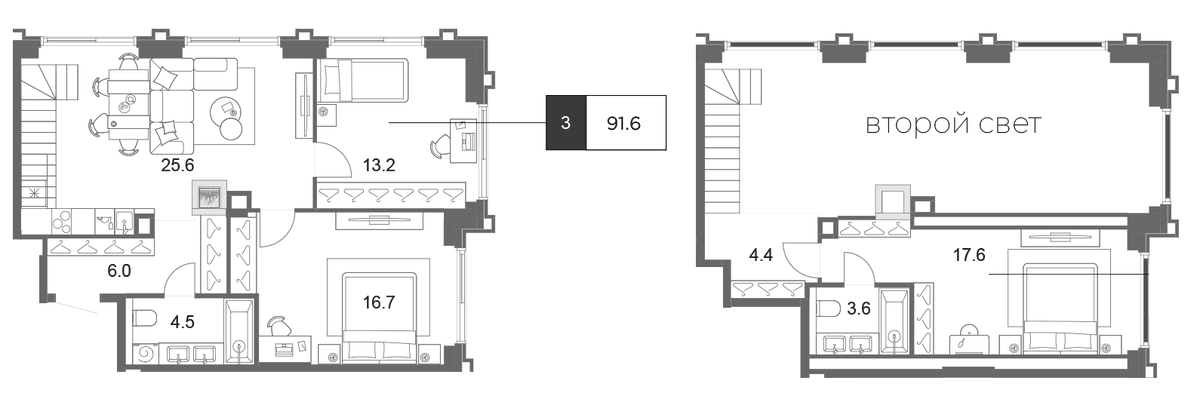 Планировка евро-4 (4Е) 91.7 м² в ЖК «ОМ Ботанический», корпус 2