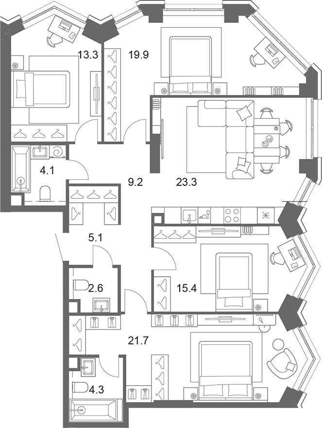 Планировка 5Е-к.кв 118.8 м² в ЖК «ОМ Ботанический», корпус 1