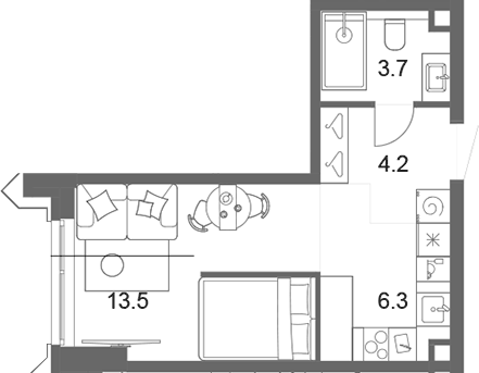 Планировка Студии 28 м² в ЖК «ОМ Ботанический», корпус 2