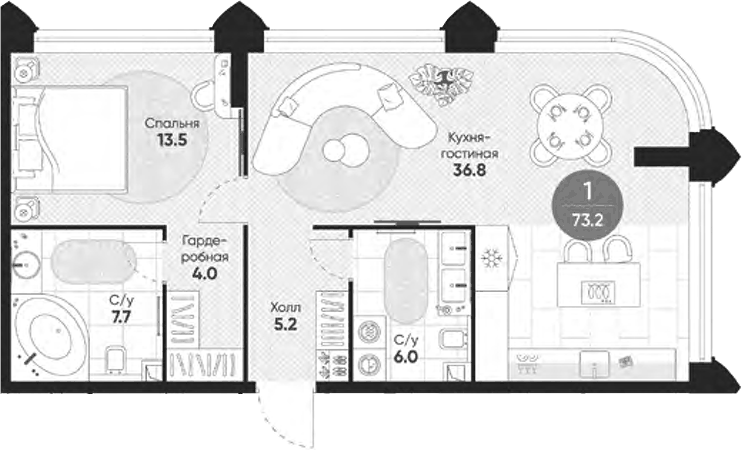 Планировка евродвушка (2Е) 73.2 м² в ЖК «Резиденция Омега», корпус 1