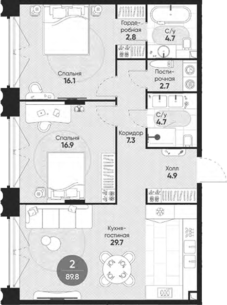 Планировка евротрёшка (3Е) 89.8 м² в ЖК «Резиденция Омега», корпус 1