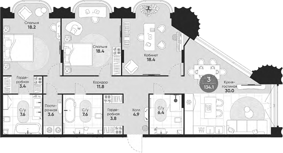 Планировка евро-4 (4Е) 134.1 м² в ЖК «Резиденция Омега», корпус 1