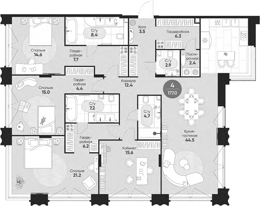 Планировка 5Е-к.кв 177 м² в ЖК «Резиденция Омега», корпус 1