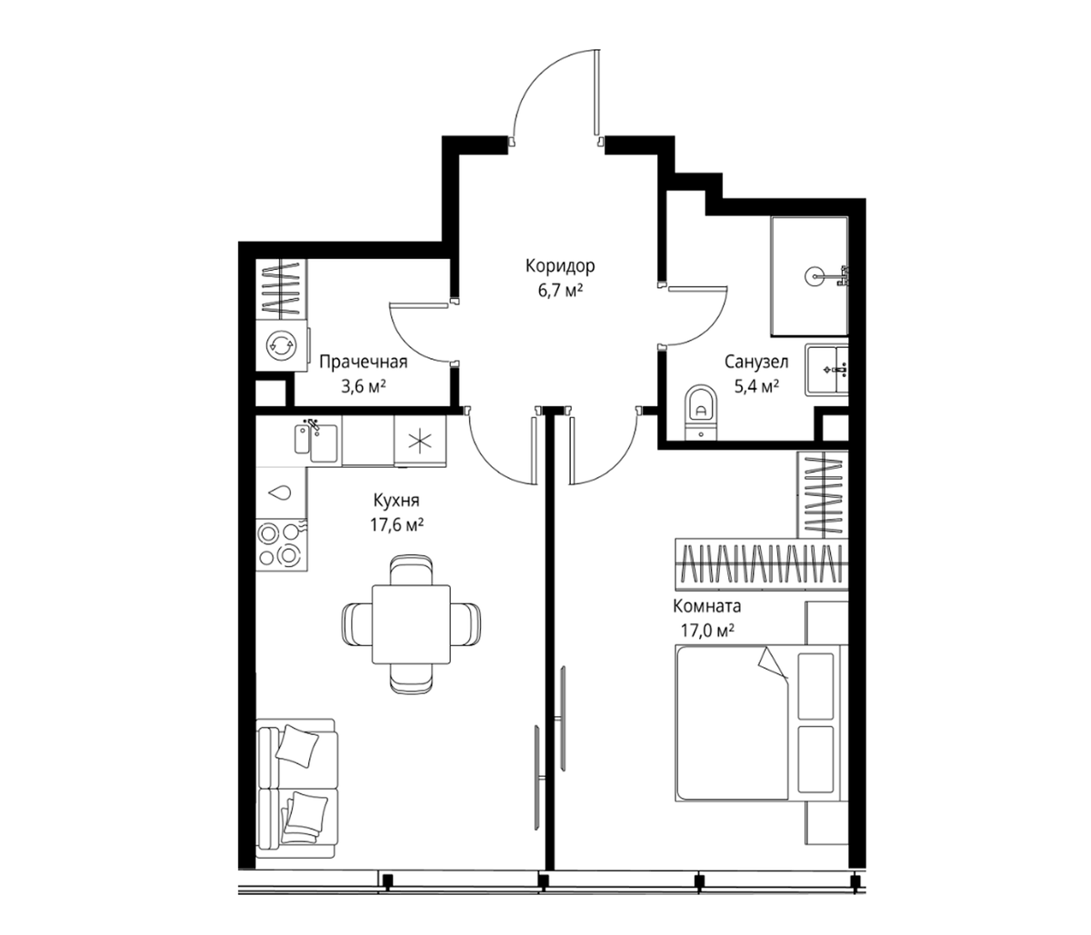 Планировка евродвушка (2Е) 50.3 м² в ЖК «ОНЕ», корпус 1