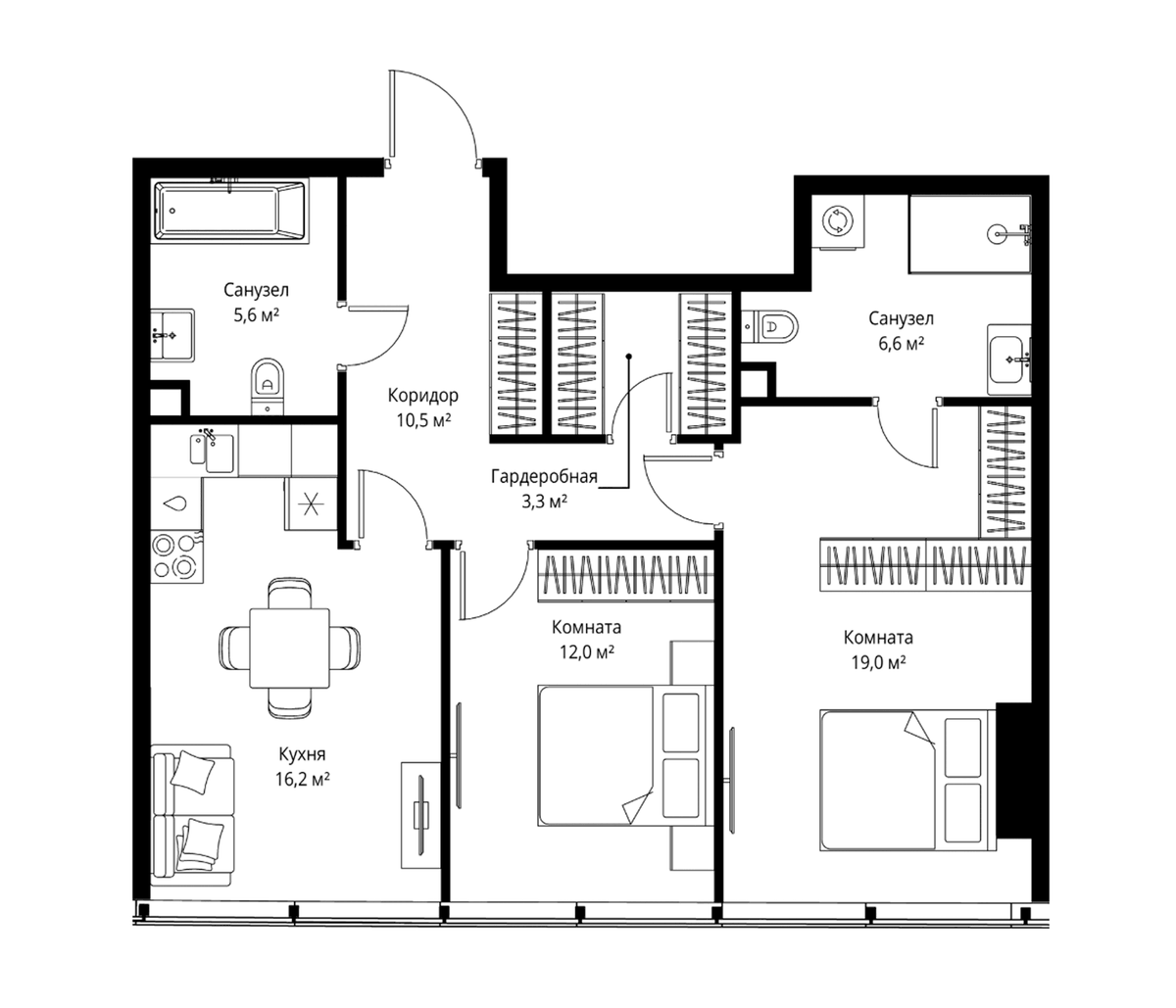 Планировка евротрёшка (3Е) 73.2 м² в ЖК «ОНЕ», корпус 1