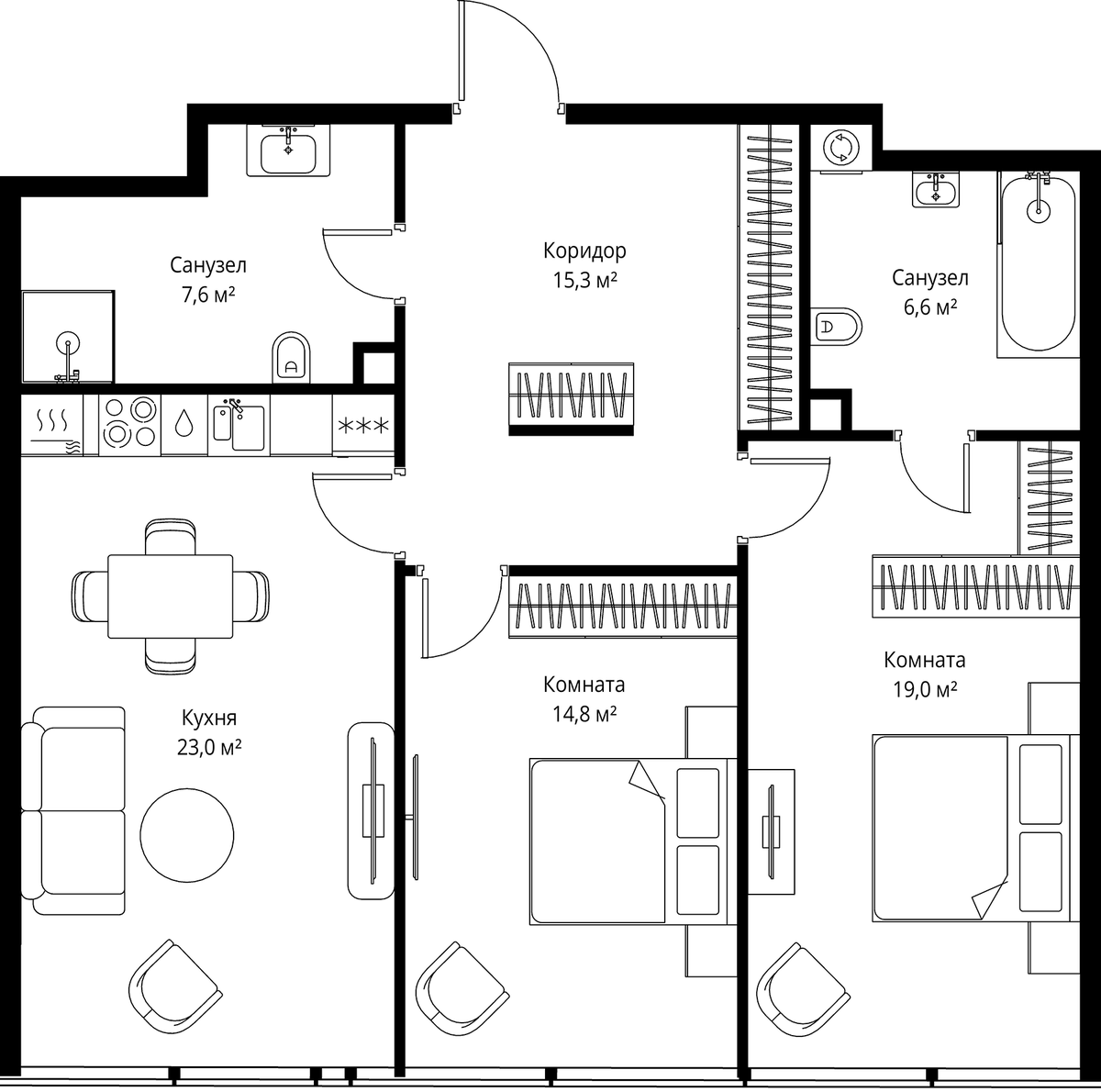Планировка евротрёшка (3Е) 86.3 м² в ЖК «ОНЕ», корпус 1