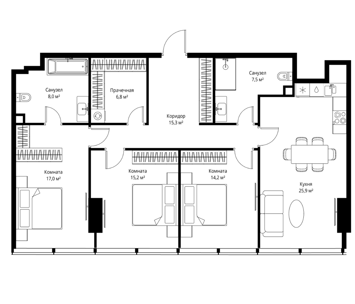 Планировка евро-4 (4Е) 109.9 м² в ЖК «ОНЕ», корпус 1