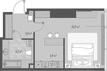 Планировка Студии 38 м² в ЖК «ОНЕ», корпус 1