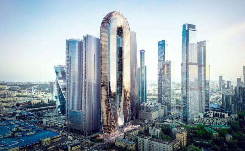 ОНЕ — Дневной вид на башню среди небоскрёбов Москва-Сити — за таку