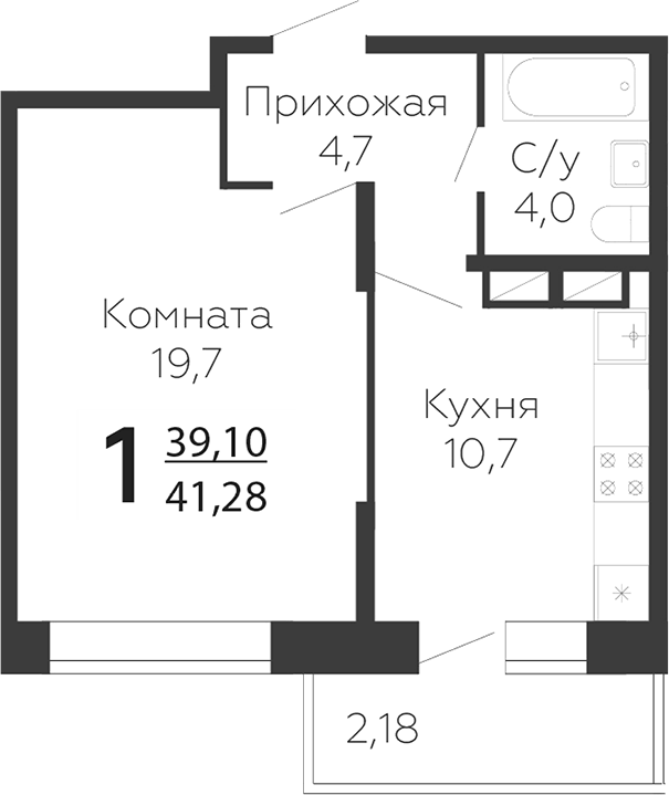 Планировка однокомнатная 41.28 м² в ЖК «Онегин. ГК Развитие», корпус 1Б