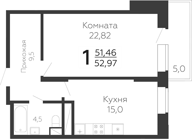Планировка однокомнатная 54.11 м² в ЖК «Онегин. ГК Развитие», корпус 1А
