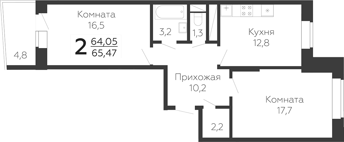 Планировка двухкомнатная 67.29 м² в ЖК «Онегин. ГК Развитие», корпус 1А