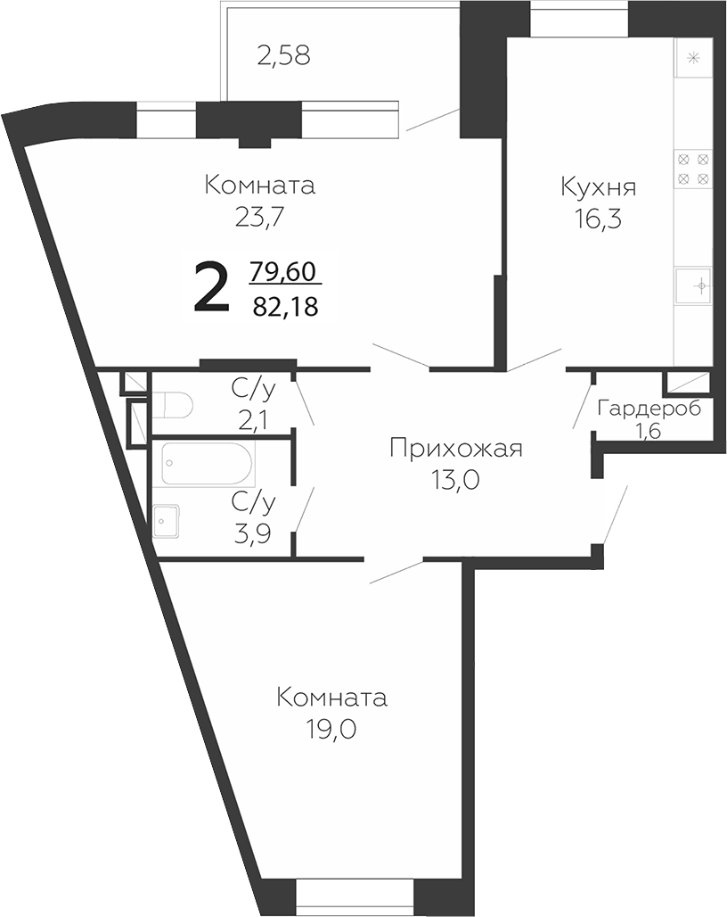 Планировка двухкомнатная 82.18 м² в ЖК «Онегин. ГК Развитие», корпус 1Б