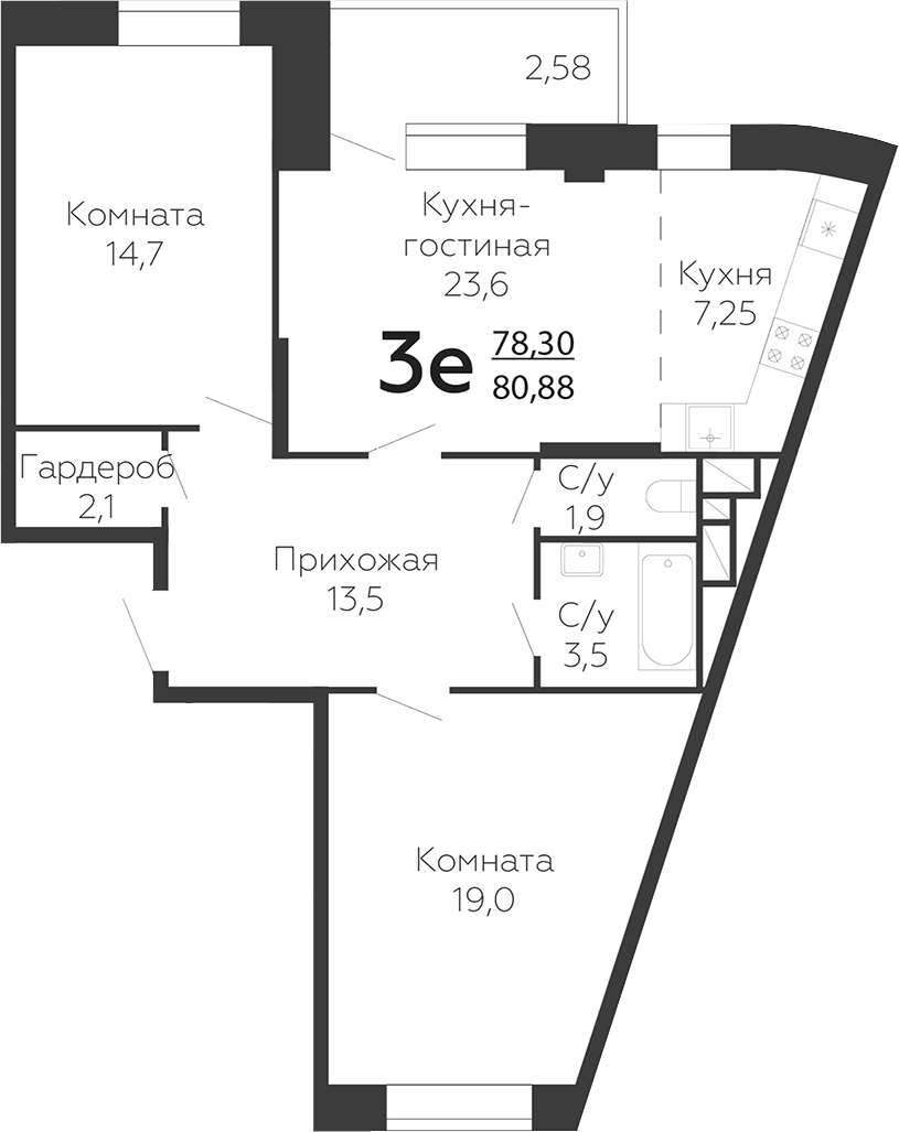 Планировка евротрёшка (3Е) 80.88 м² в ЖК «Онегин. ГК Развитие», корпус 1Б