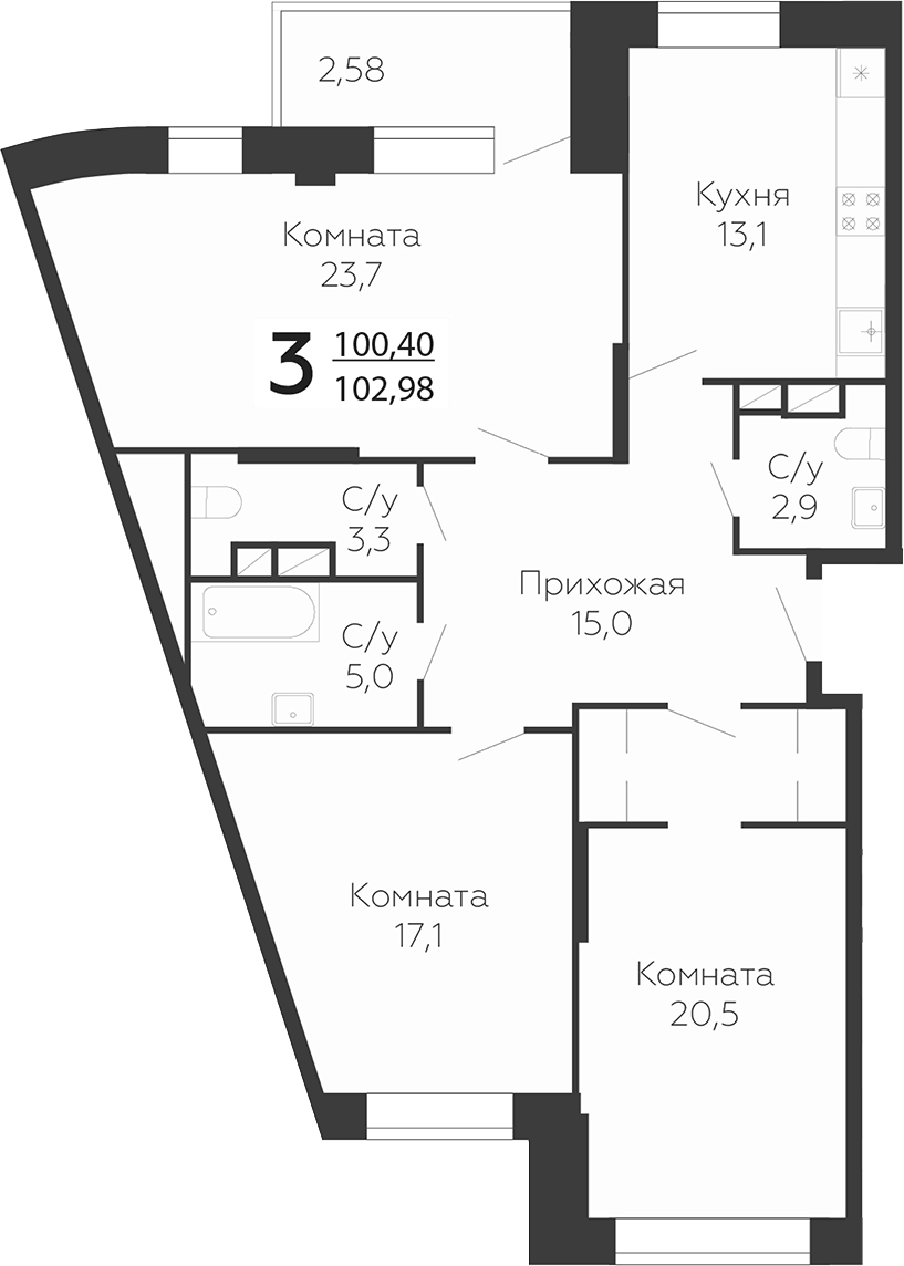 Планировка трёхкомнатная 102.98 м² в ЖК «Онегин. ГК Развитие», корпус 1Б