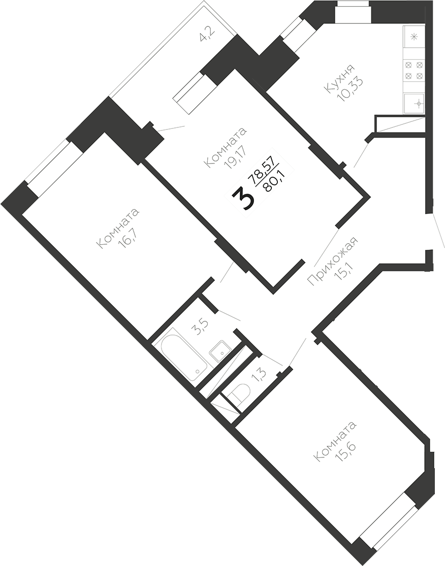 Планировка трёхкомнатная 80.1 м² в ЖК «Онегин. ГК Развитие», корпус 1А