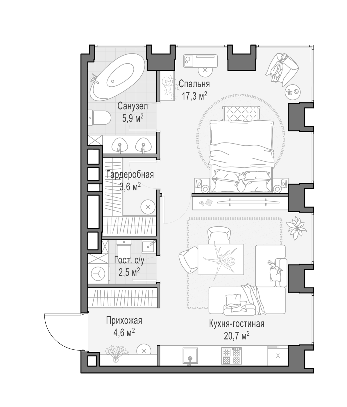 Планировка евродвушка (2Е) 55.1 м² в ЖК «Квартал Life Time», корпус C