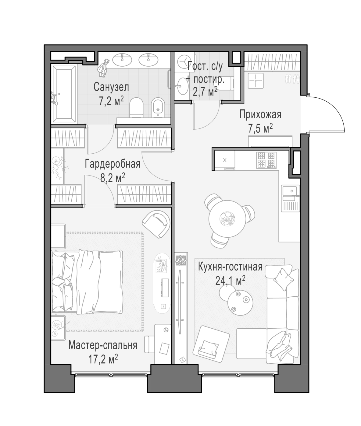 Планировка евродвушка (2Е) 67.5 м² в ЖК «Квартал Life Time», корпус A
