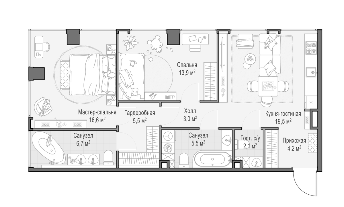 Планировка евротрёшка (3Е) 77.6 м² в ЖК «Квартал Life Time», корпус F