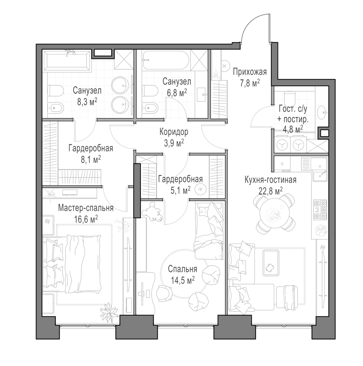 Планировка евротрёшка (3Е) 99.8 м² в ЖК «Квартал Life Time», корпус B