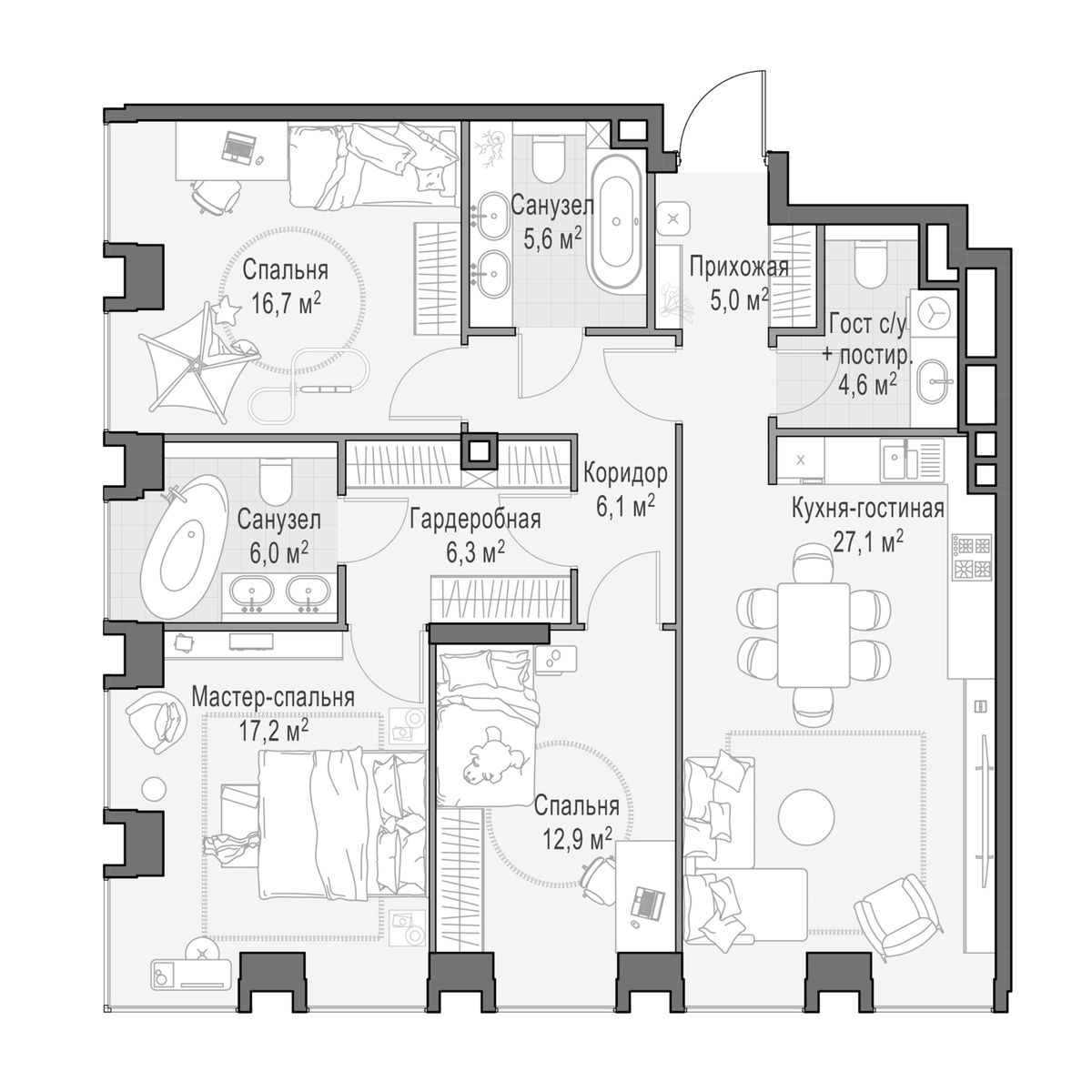 Планировка евро-4 (4Е) 108.2 м² в ЖК «Квартал Life Time», корпус E