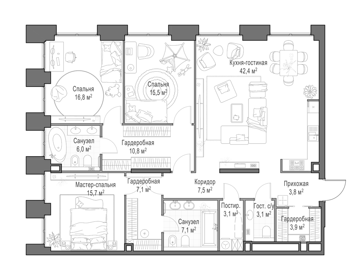 Планировка евро-4 (4Е) 143.8 м² в ЖК «Квартал Life Time», корпус B