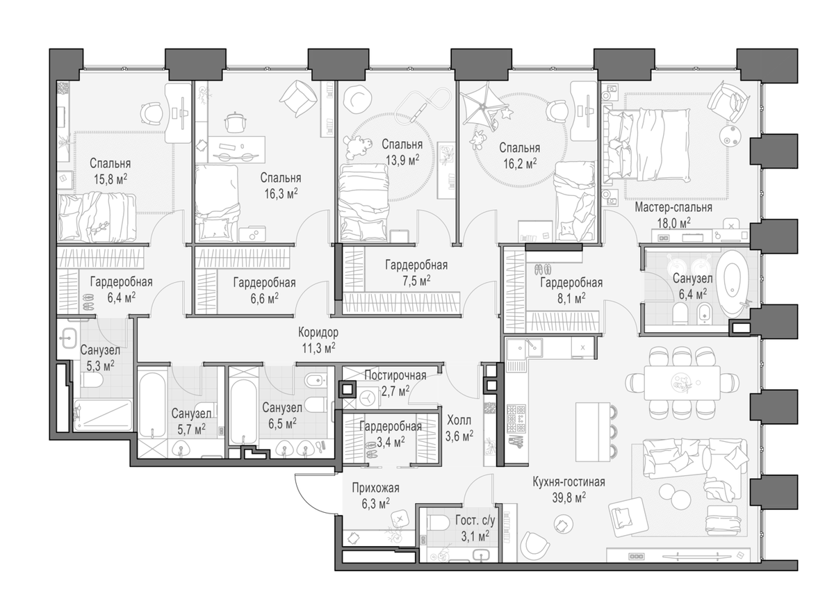 Планировка пятикомнатная 204.7 м² в ЖК «Квартал Life Time», корпус A