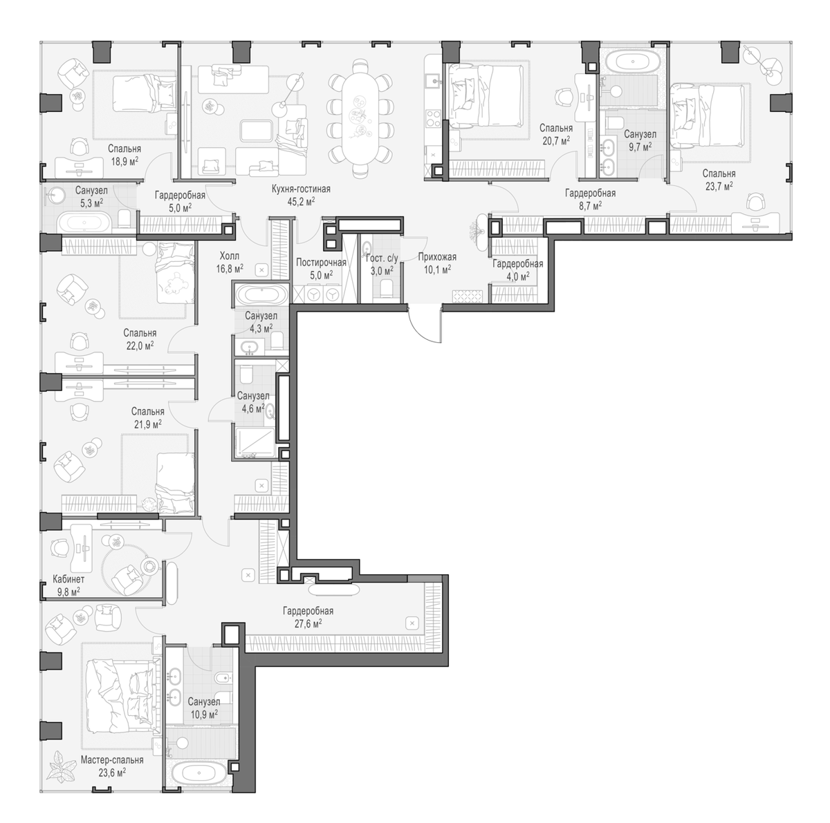 Планировка 7-к.кв 300.9 м² в ЖК «Квартал Life Time», корпус F
