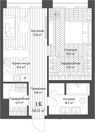 Планировка евродвушка (2Е) 56 м² в ЖК «Опус», корпус 1